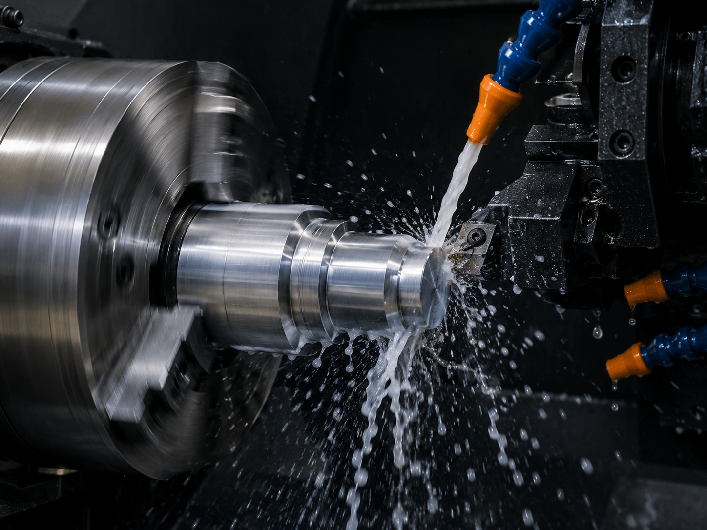 CNC lathe turning a steel shaft under coolant flow