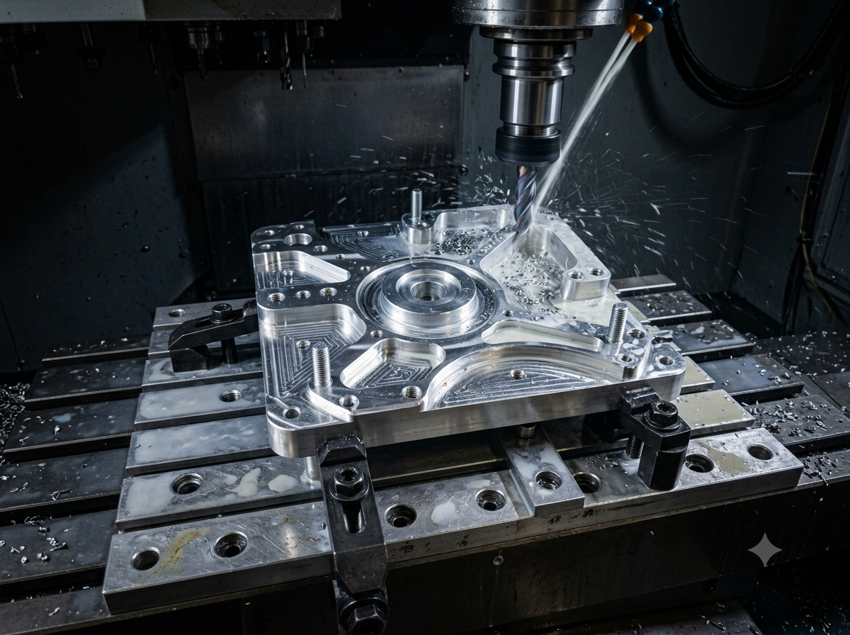 Vertical machining centre milling an aluminium plate on a fixture