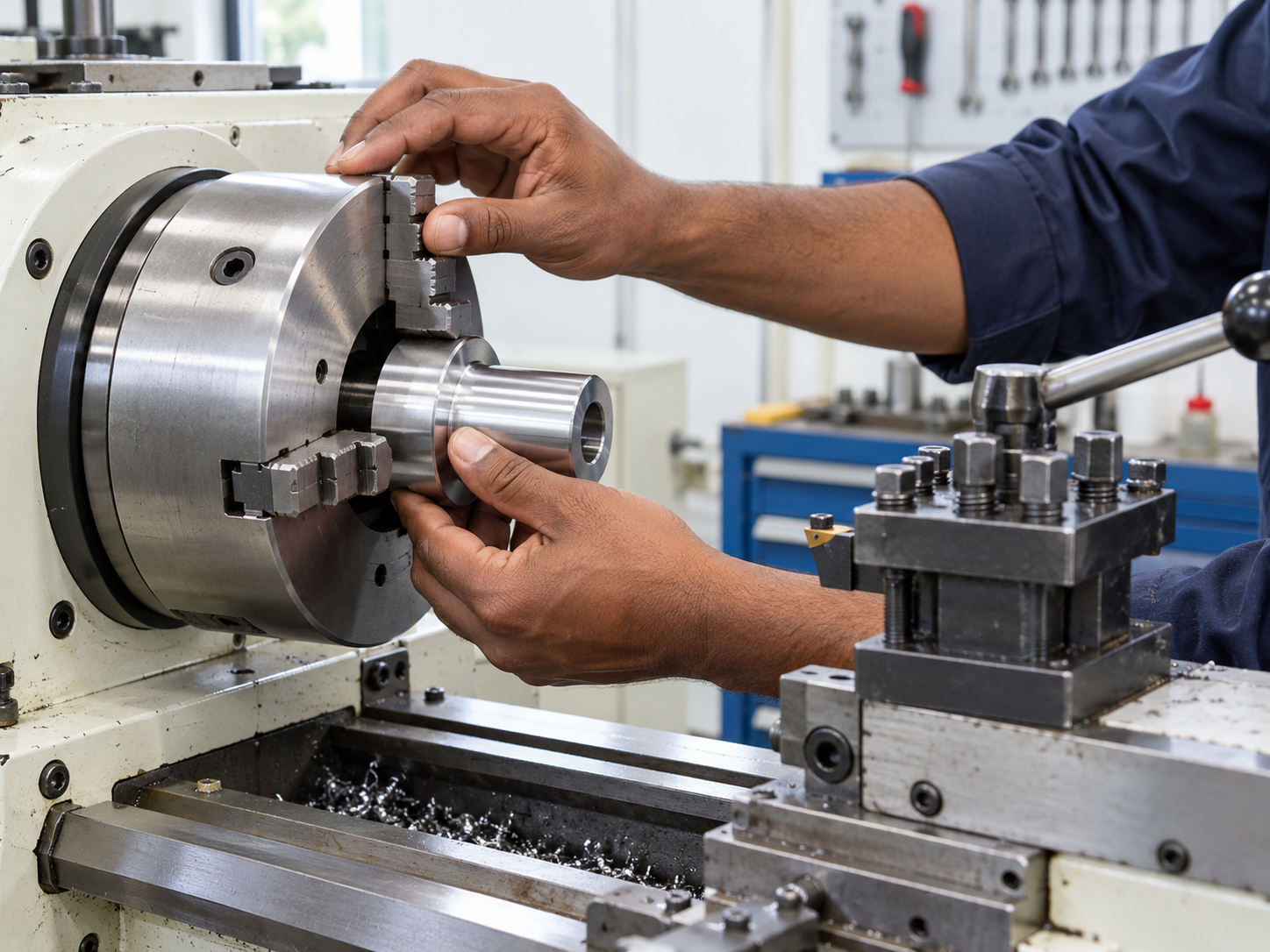 Operator setting a workpiece in a conventional lathe chuck
