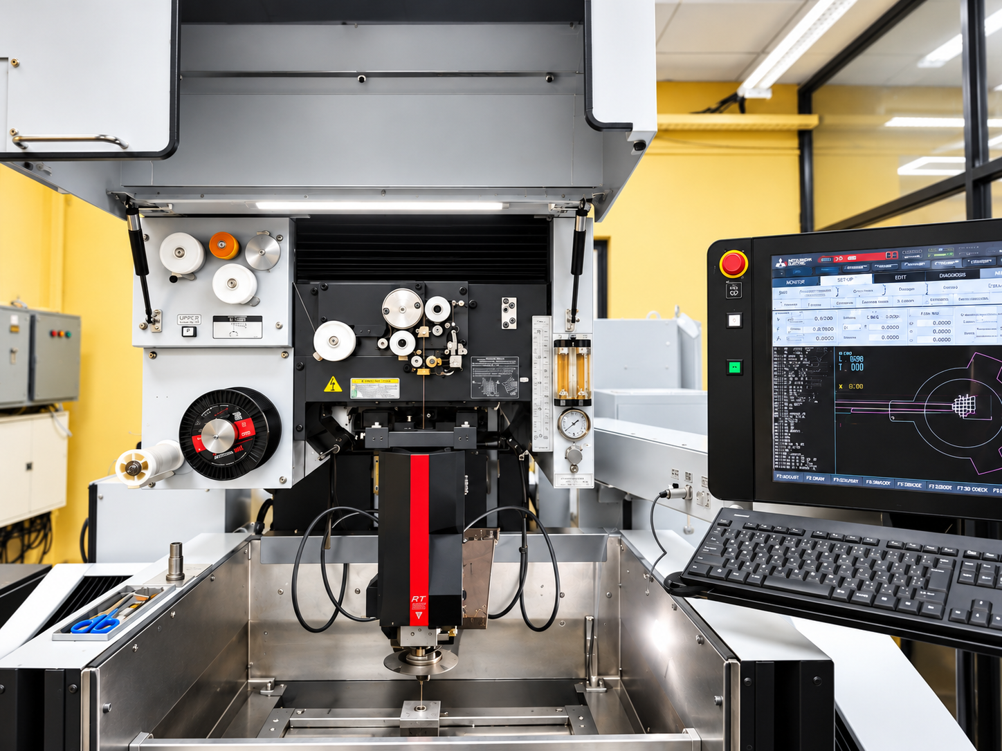 Wire-cut EDM machine with CNC control panel
